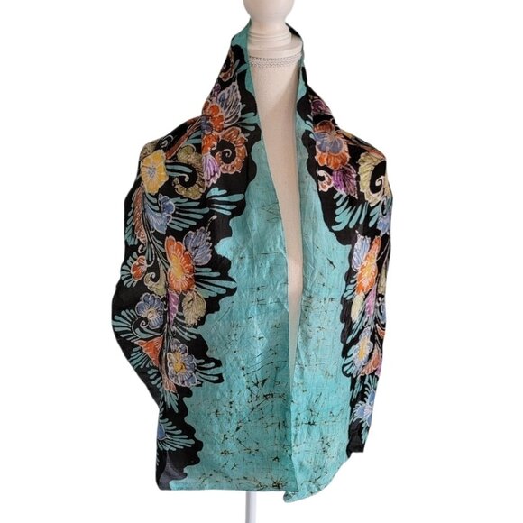 100% Silk Hand Rolled Floral Scarf  Multicolor Flowers 12" X 58" Beautiful - Picture 1 of 5